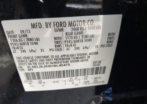 2013 Lincoln Mkx из США, поврежденный, VIN 2LMDJ6JK8DBL45475